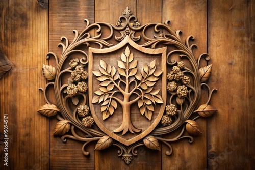 A beautifully crafted wooden family crest symbolizing unity and love, adorned with intertwining vines and leaves, set photo