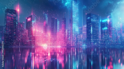 Futuristic urban skyline with modern buildings bathed in neon lights and abstract digital effects, perfect for hi-tech and science concepts.