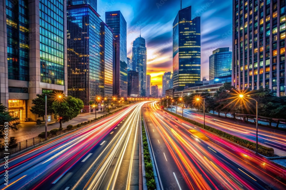 A blurred cityscape at dusk serves as a vibrant, dynamic background, with streaks of light from cars and A blurred cityscape at dusk serves as a vibrant, dynamic background, with streaks of light from cars and