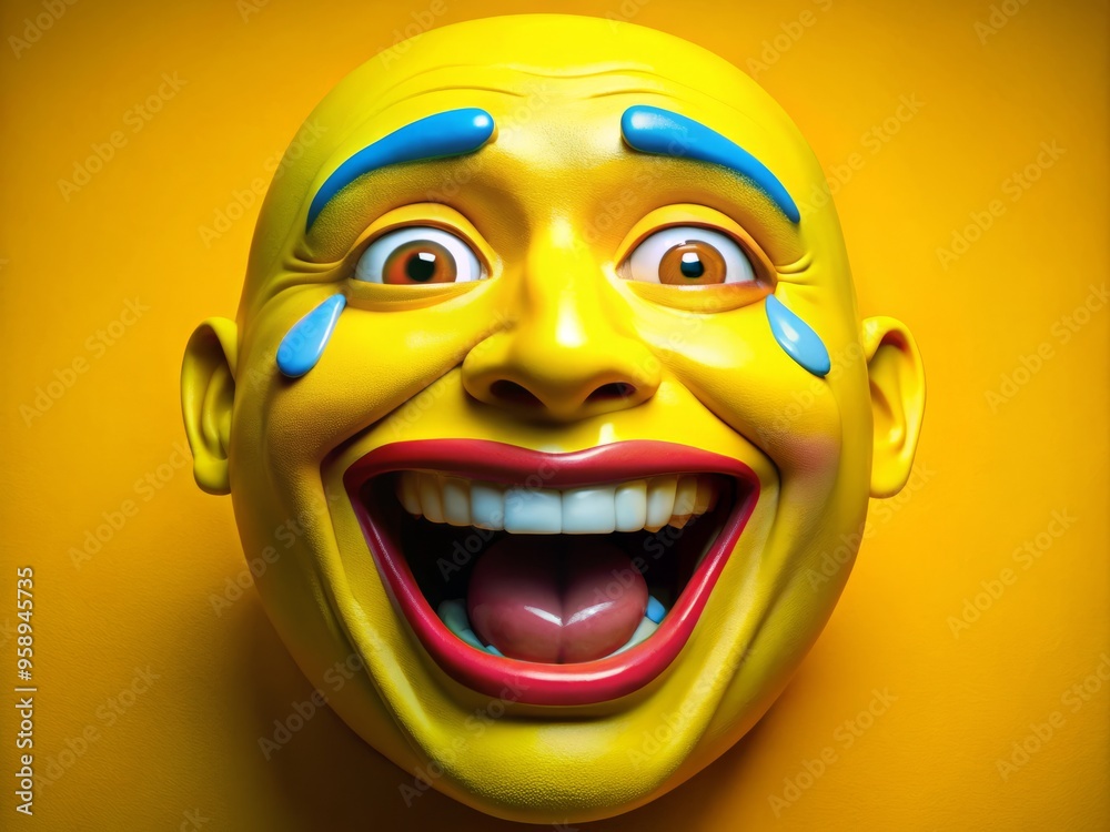 A bright yellow face with tears of joy streaming down its cheeks, contorted in an exaggerated expression of A bright yellow face with tears of joy streaming down its cheeks, contorted in an exaggerated expression of