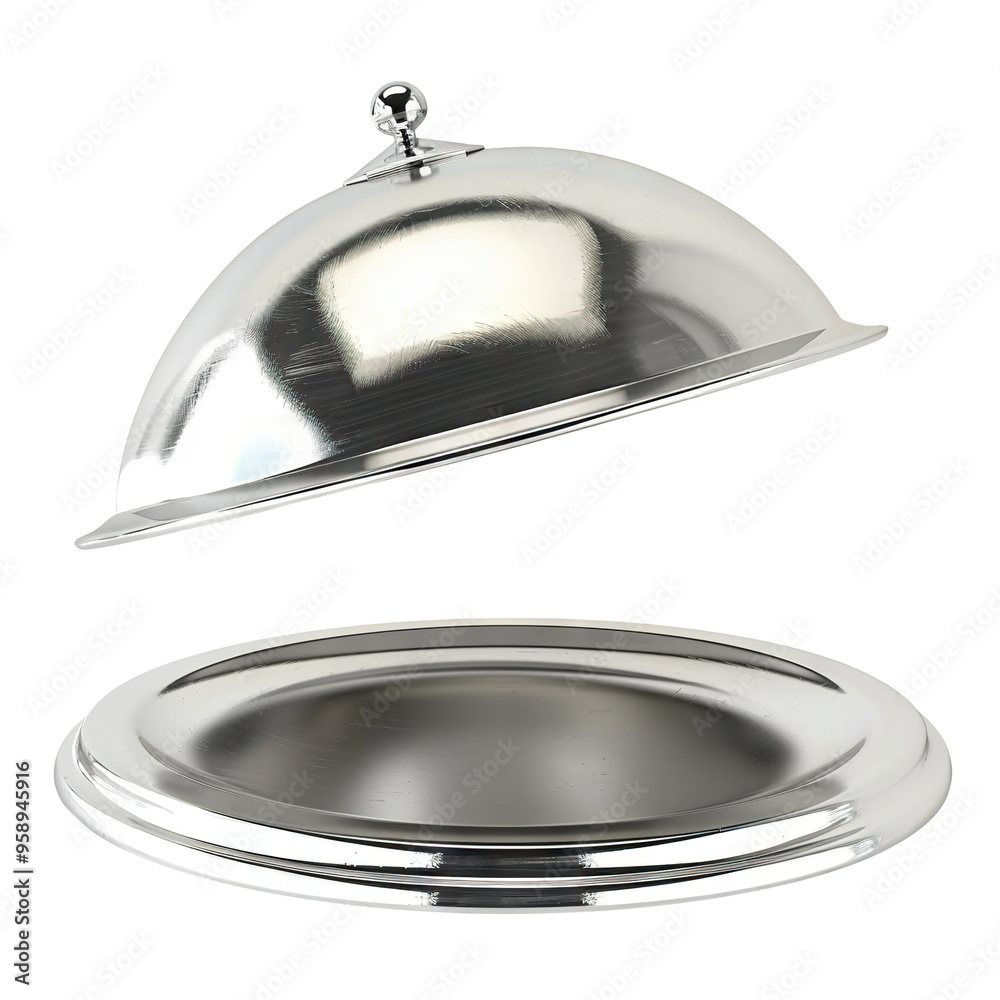 Silver serving cloche raised above empty plate, cut out Silver serving cloche raised above empty plate, cut out