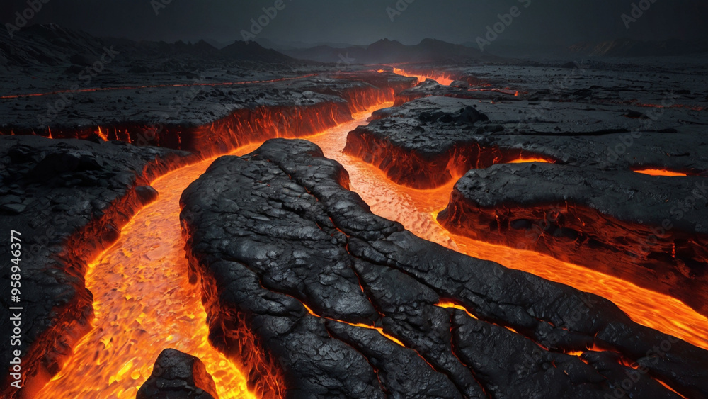 Flowing River of Molten Lava Glowing with Intense Heat Across a Barren ...