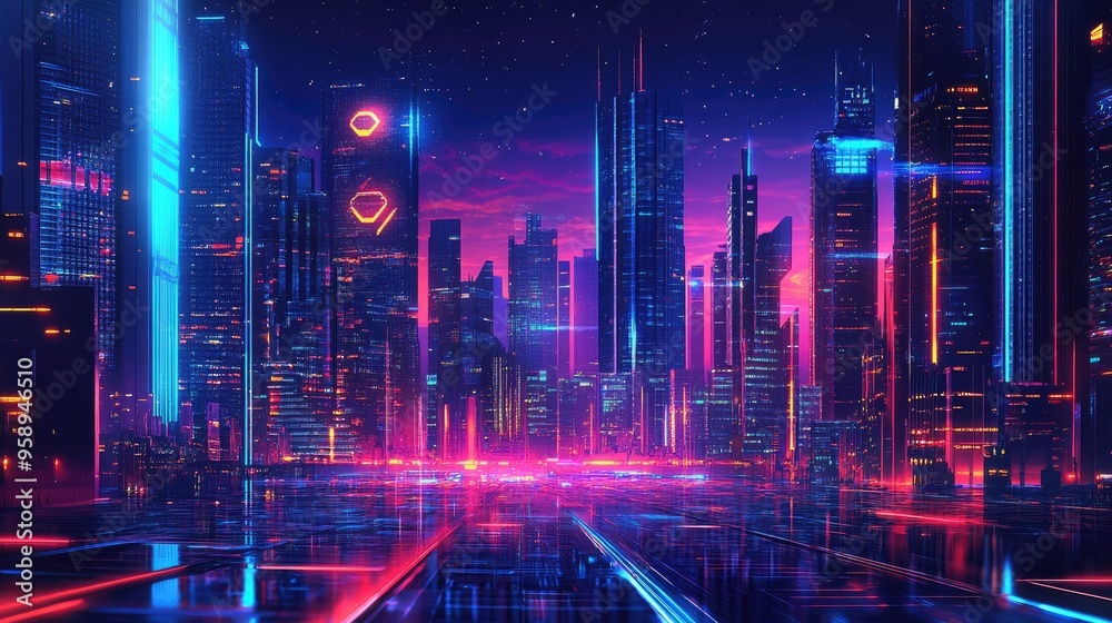High-tech cityscape with modern architecture and neon light effects, presenting a panoramic view that emphasizes futuristic digital technology. High-tech cityscape with modern architecture and neon light effects, presenting a panoramic view that emphasizes futuristic digital technology.