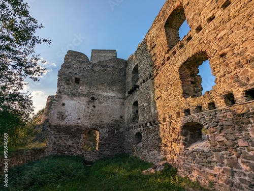 Rokstejn castle ruins by Brtnice town,Vysocina region,Bohemia Czech republic,gothic medieval castle ruins with tower and fortification stone walls photo