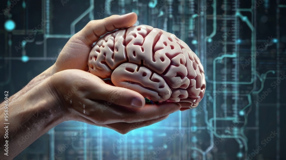 Artificial intelligence. Hand with a brain glowing with a hologram. Digital data transmission technologies. The future of medicine. Artificial intelligence. Hand with a brain glowing with a hologram. Digital data transmission technologies. The future of medicine.