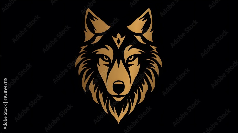 Fototapeta premium A stylized golden wolf head illustration on a black background.