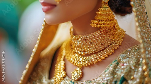  an Indian women wearing gold jewellery for her wedding, traditional pakistani/bangladeshi wedding gold jewelry bride photo