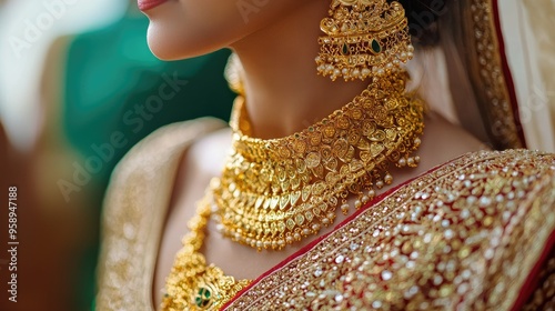  an Indian women wearing gold jewellery for her wedding, traditional pakistani/bangladeshi wedding gold jewelry bride