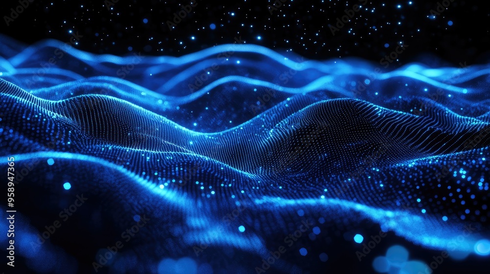 Horizontal blue particle lines creating an undulating 3D effect on a black background, perfect for tech and digital communication visuals. Horizontal blue particle lines creating an undulating 3D effect on a black background, perfect for tech and digital communication visuals.