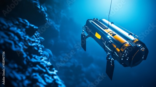 An underwater robotics research station, deep-sea facility with autonomous underwater vehicles, Marine style photo