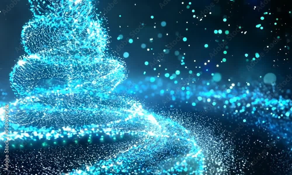 A lit up Christmas tree with a star. The tree is surrounded by a blue background