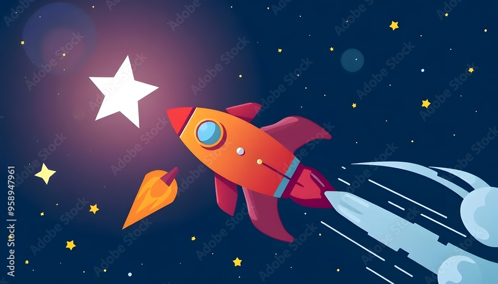 Illustration of a colorful cartoon rocket ship blasting off into a night sky, with clouds in the foreground Illustration of a colorful cartoon rocket ship blasting off into a night sky, with clouds in the foreground