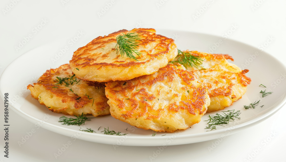 Golden brown potato pancakes with fresh dill Golden brown potato pancakes with fresh dill