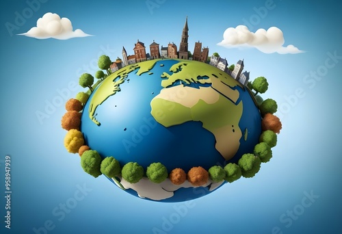 A colorful illustration of planet Earth with various buildings, trees, and other elements surrounding the globe, depicting a sustainable and eco-friendly environment