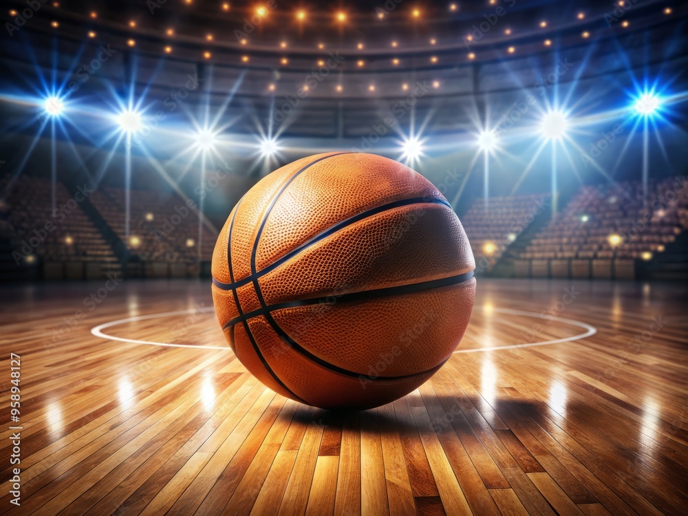 A dynamic, high-angle shot of a basketball bouncing on a polished hardwood court, surrounded by blurred stadium seating A dynamic, high-angle shot of a basketball bouncing on a polished hardwood court, surrounded by blurred stadium seating