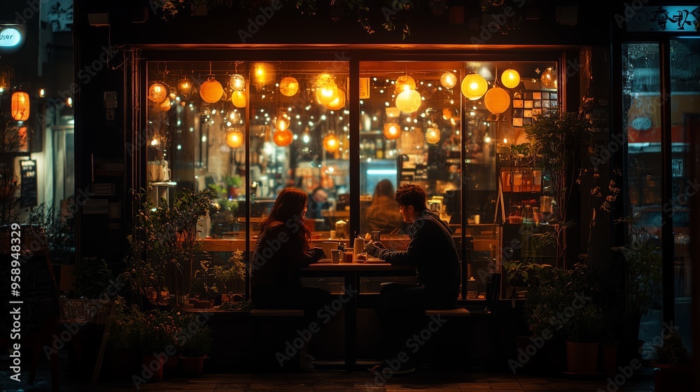 Couple enjoying a cozy evening at a warmly lit café with string lights and ambient atmosphere during a rainy night Couple enjoying a cozy evening at a warmly lit café with string lights and ambient atmosphere during a rainy night