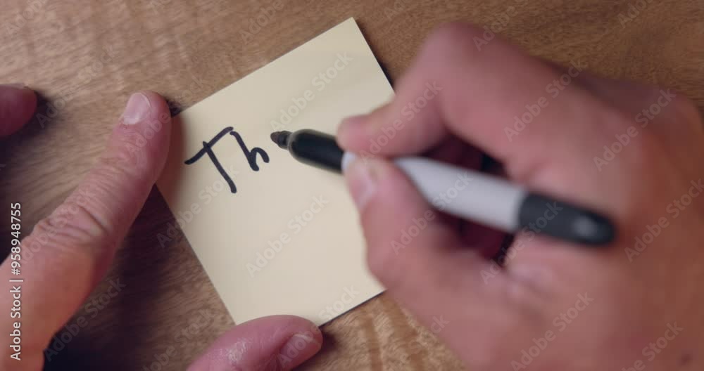 A person is writing on a sticky note on a desk background. the person is writing Thank you video is in 30 fps