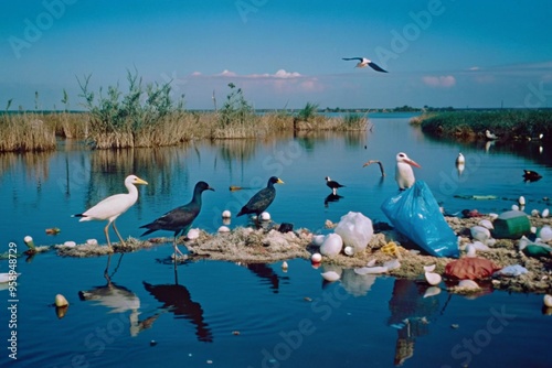 A marshy area where garbage has accumulated. The composition showcases plastic bottles and bags floating alongside natural vegetation, with birds perched confusedly nearby.  photo