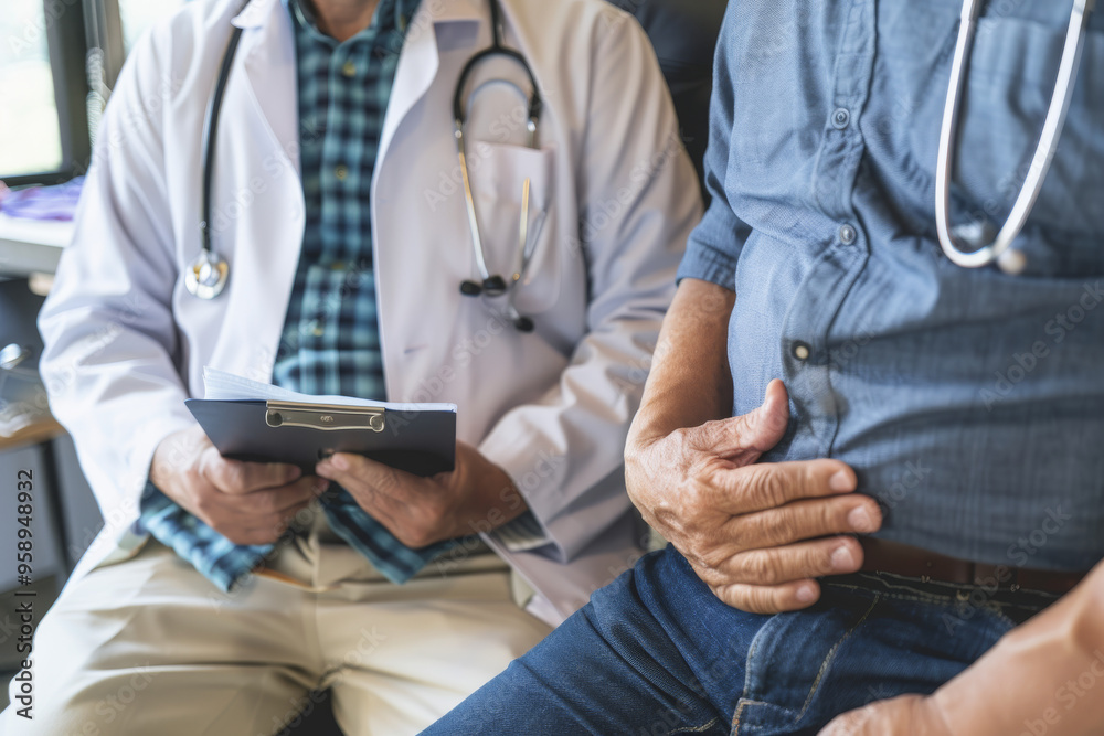 A doctor is examining an elderly man with stomach pain in the medical room, holding his belly. Portrait of senior man sharing health issues struggles with his medical professional carer practitioner