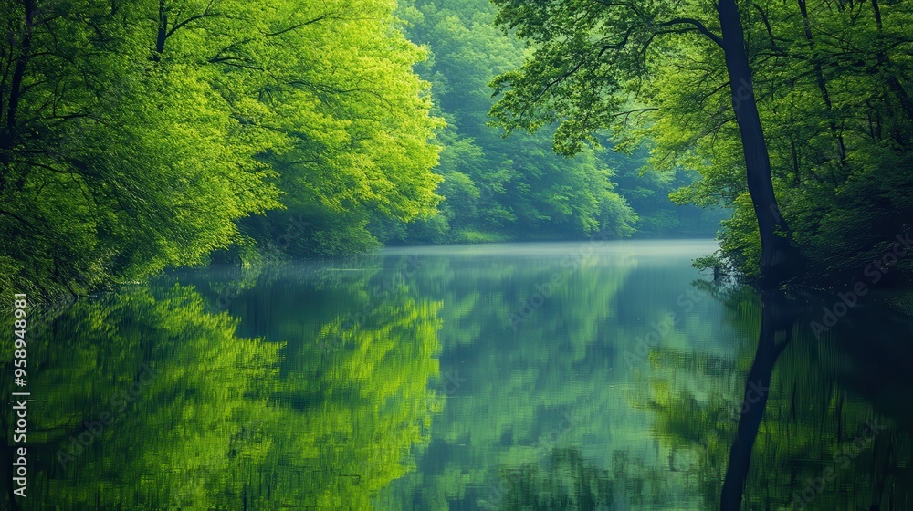 A serene forest scene featuring lush green trees reflected in a calm body of water, evoking tranquility and natural beauty. A serene forest scene featuring lush green trees reflected in a calm body of water, evoking tranquility and natural beauty.