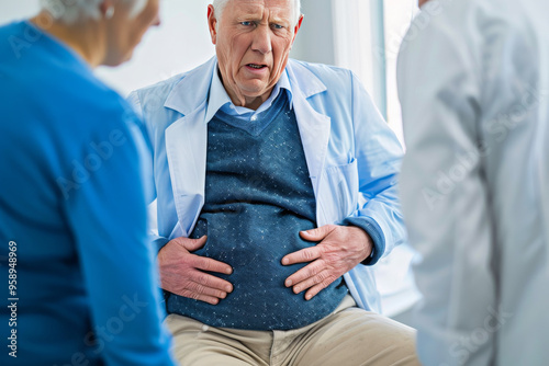 A doctor is examining an elderly man with stomach pain in the medical room, holding his belly. Portrait of senior man sharing health issues struggles with his medical professional carer practitioner