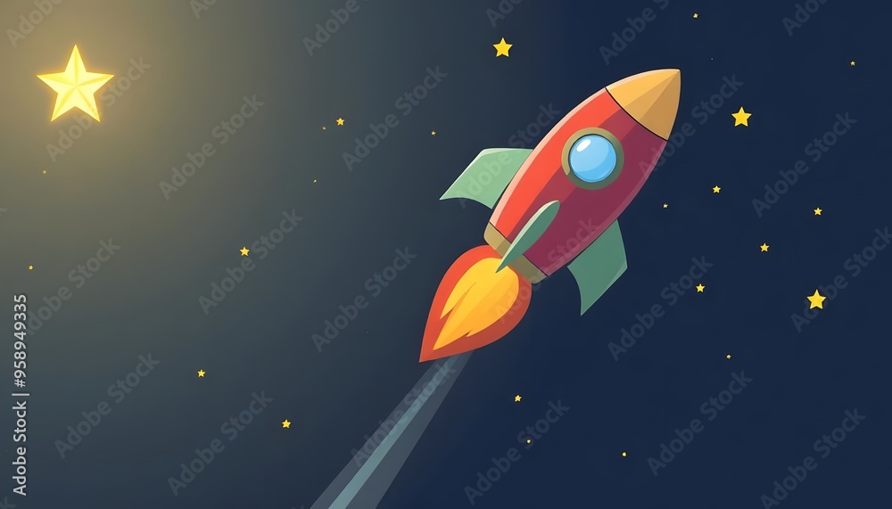 Illustration of a red and orange rocket ship blasting off into a night sky filled with stars and a crescent moon Illustration of a red and orange rocket ship blasting off into a night sky filled with stars and a crescent moon