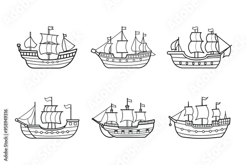 Mayflower Thanksgiving vector line art illustration