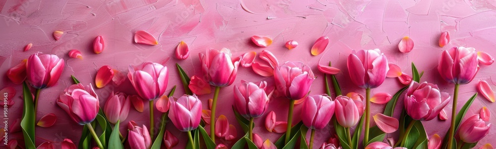 Obraz premium Many pink tulips on a pink background, plant background, banner, copy space