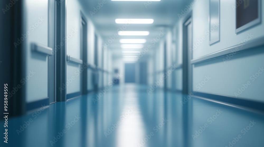 Fototapeta premium A hallway in a modern building, featuring smooth floors and bright lighting, suggesting a clean and sterile environment.