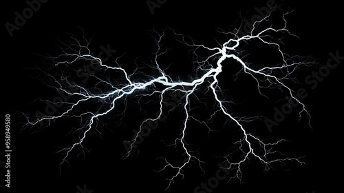 Lightning bolt with extensive branching, isolated on a solid black background, highlighting the intricate details and power of a lightning strike.