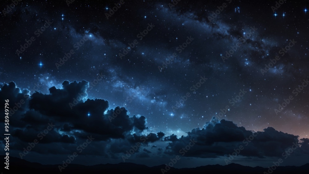 Fototapeta premium Milky way galaxy shining through clouds over mountain range at night