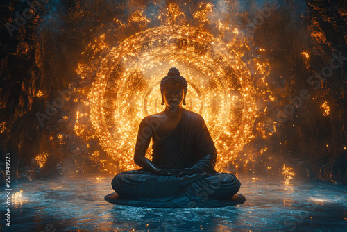 Buddha Meditating in the Center of a Glowing Mandala, Radiating Golden Light and Spiritual Patterns, Mystical and Serene Atmosphere for Meditation, Tranquility, and Spiritual Awakening
 photo