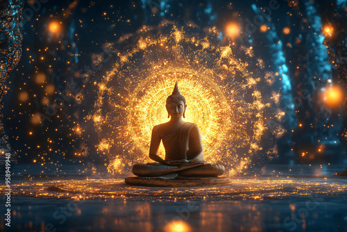 Buddha Meditating in the Center of a Glowing Mandala, Radiating Golden Light and Spiritual Patterns, Mystical and Serene Atmosphere for Meditation, Tranquility, and Spiritual Awakening
 photo