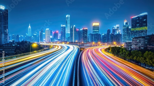 Long exposure of city lights combined with abstract motion light trails, showcasing a vibrant and modern urban environment.