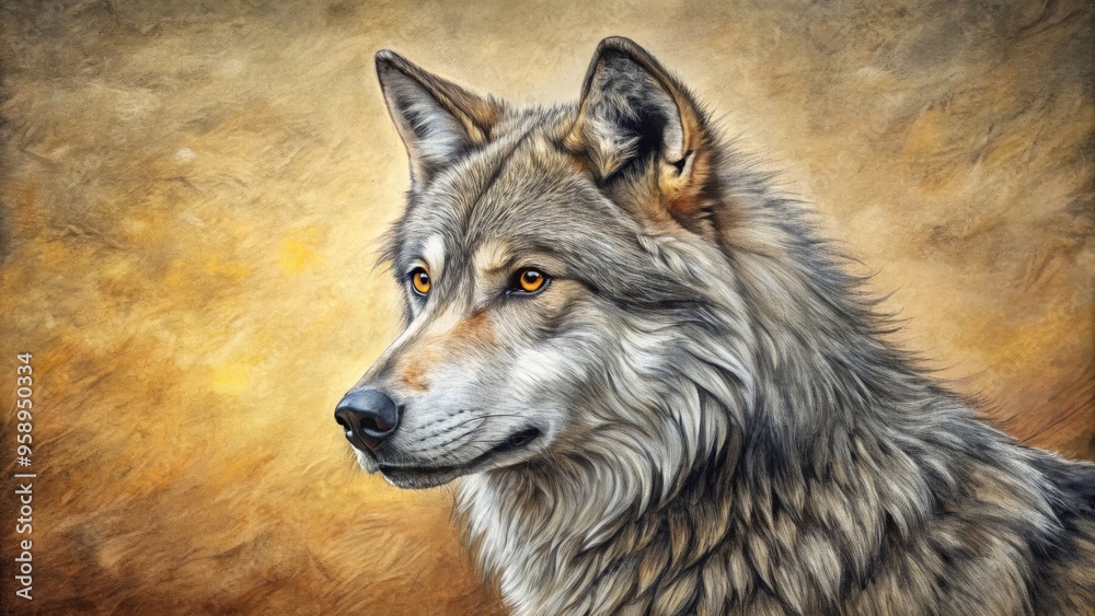 Fototapeta premium A majestic gray wolf's intricate pencil drawing with bold lines, detailed fur, and piercing eyes, set against a