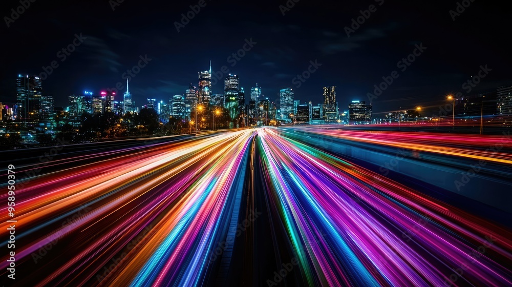 Fototapeta premium Long exposure shot of colorful light trails with a city skyline in the background, capturing the essence of motion and modernity.