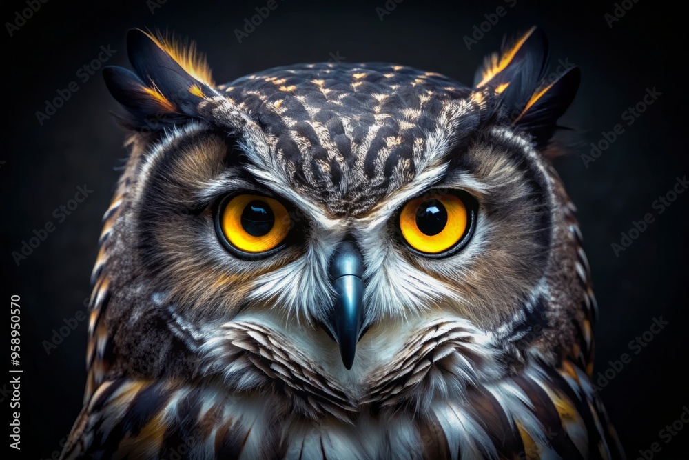Fototapeta premium A majestic owl's face, with piercing yellow eyes, soft feathers, and a subtle wispy aura, radiates wisdom, mystery,