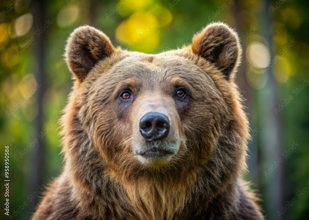 A majestic Ursidae's head in a gentle, serene expression, showcasing its thick fur, rounded ears, and distinctive A majestic Ursidae's head in a gentle, serene expression, showcasing its thick fur, rounded ears, and distinctive
