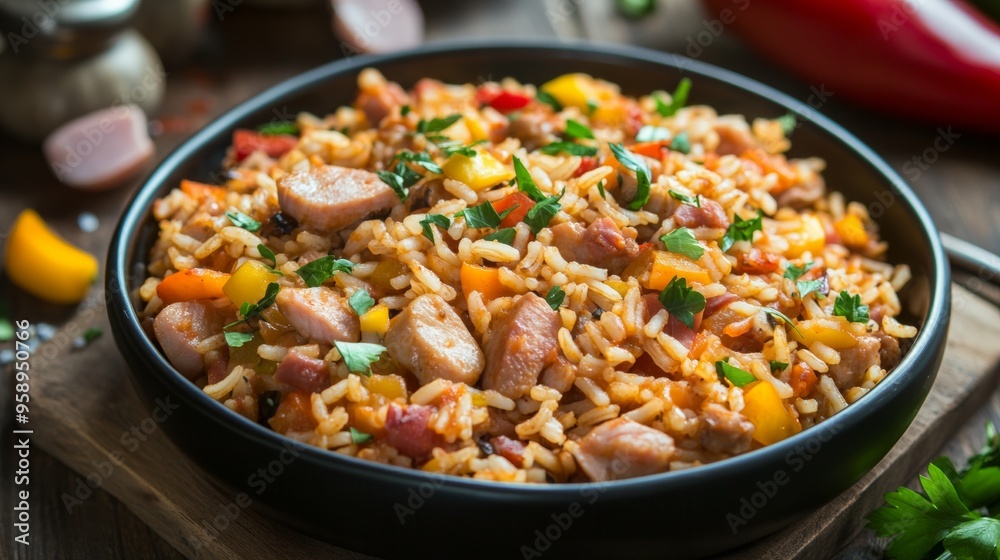 The national cuisine of Brazil: Yambalaya is a dish with rice and chicken meat. The national cuisine of Brazil: Yambalaya is a dish with rice and chicken meat.