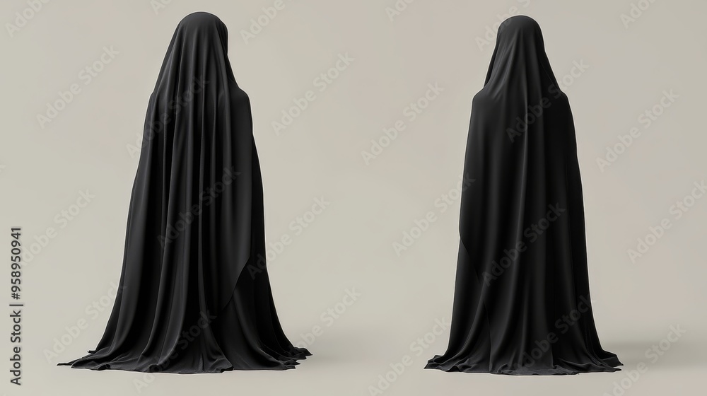 This image showcases a traditional black burka with a matching headscarf, symbolizing the values of modesty and dignity in Islamic culture and the importance of womens religious attire This image showcases a traditional black burka with a matching headscarf, symbolizing the values of modesty and dignity in Islamic culture and the importance of womens religious attire