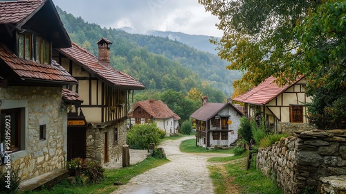 A serene village nestled in the hills, featuring charming houses and a winding road amidst lush greenery and gentle mountains.