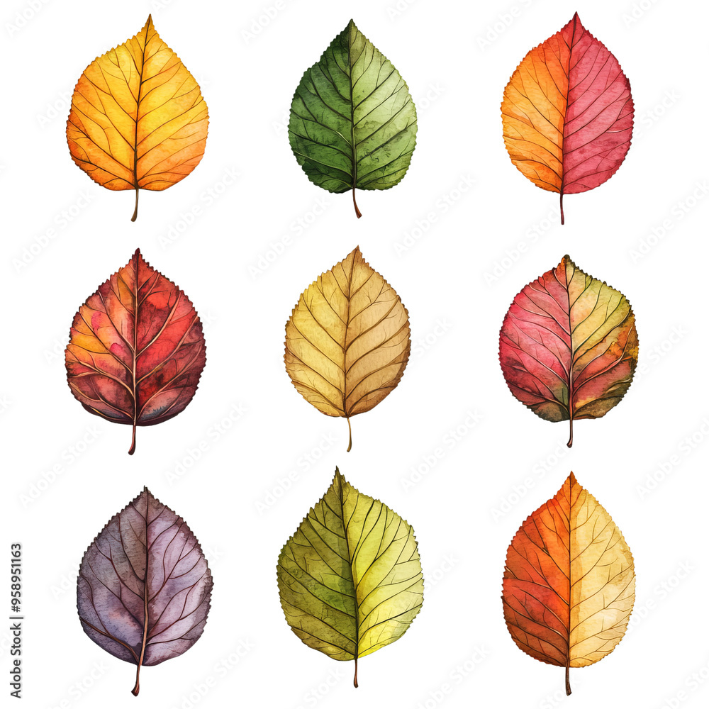 Obraz premium A collection of beautifully illustrated leaves in various colors and styles, perfect for nature-themed designs and projects.