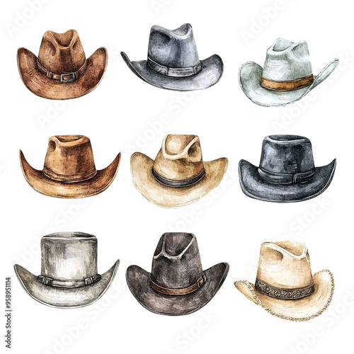A collection of beautifully illustrated cowboy hats in various colors and styles, perfect for western-themed designs.
