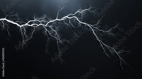 Massive lightning bolt with intricate branches lighting up the dark sky, isolated on a black background for a striking visual effect.