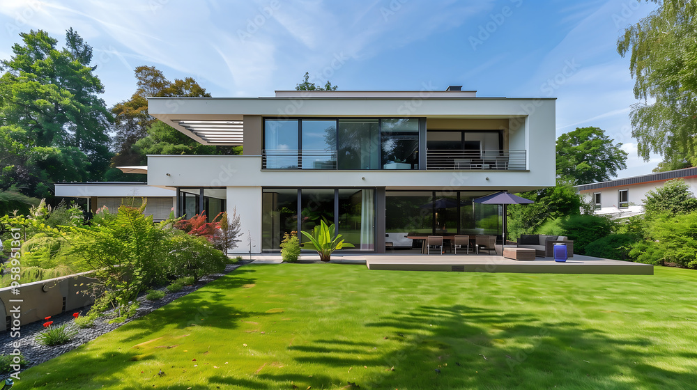 A modern white house with large windows and a lovely garden. Day sun . Generative AI A modern white house with large windows and a lovely garden. Day sun . Generative AI