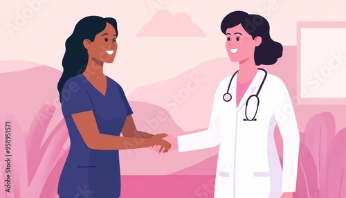 Happy doctor and patient shaking hands. Friendly physician greeting her new female patient. Beautiful young woman meeting OB GYN nurse practitioner. Cheerful lady and gynaecologist exchange handshakes