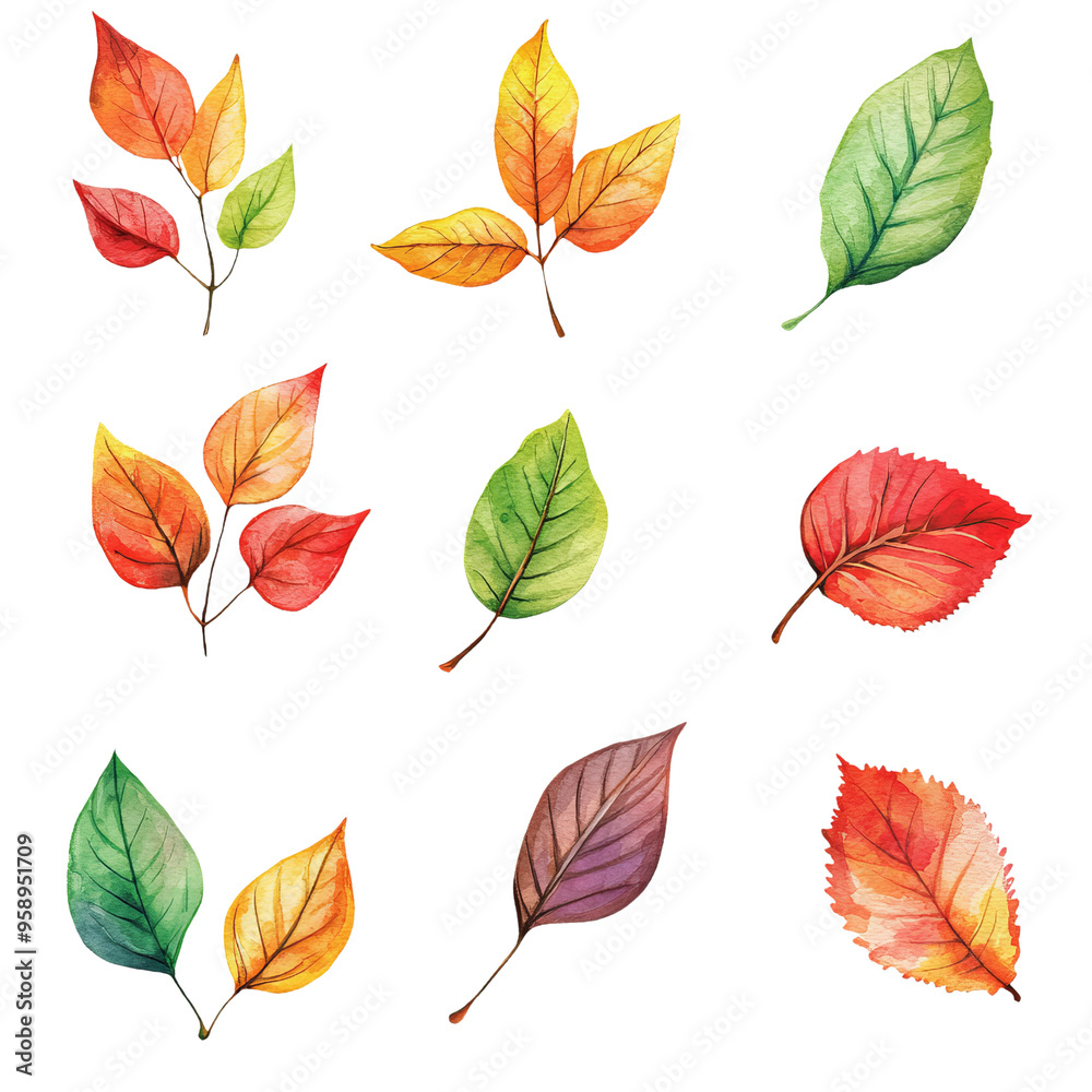 Obraz premium A collection of colorful leaves showcasing autumn hues and diverse shapes, perfect for nature-themed projects.