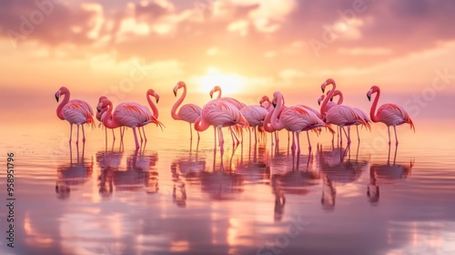 Flamingos at Sunrise: A Serene Lagoon Reflection