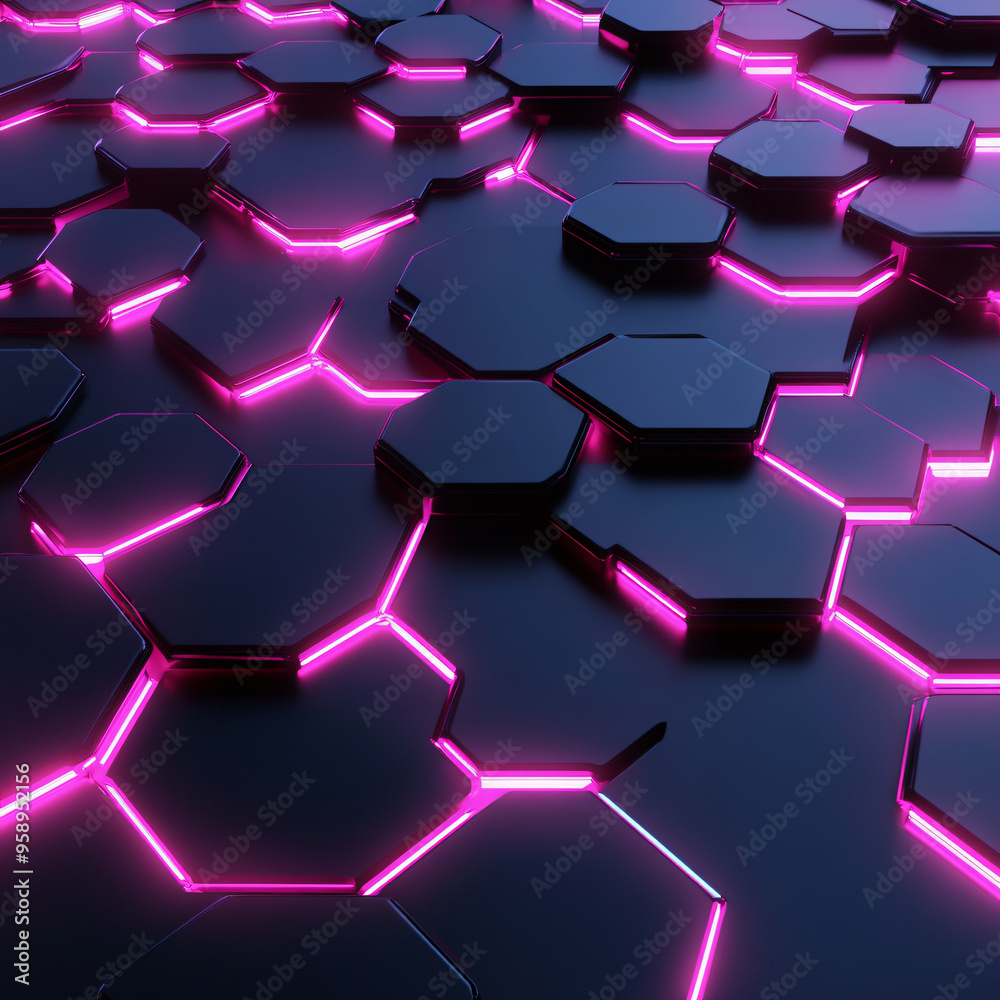 A futuristic pattern of overlapping hexagons with neon accents. A futuristic pattern of overlapping hexagons with neon accents.