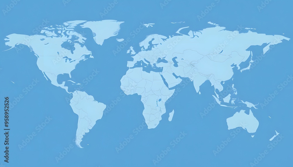 A detailed world map isolated on background and showing the continents and major landmasses in shades of blue A detailed world map isolated on background and showing the continents and major landmasses in shades of blue